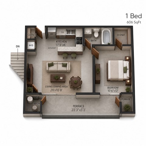 Floor plan for 1 bed, 1 bath, 606 sqft